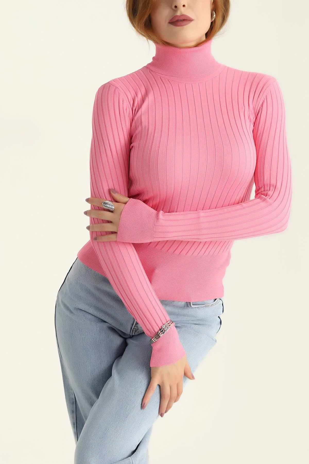 Pembe Fitilli Likralı Triko Kazak 309427