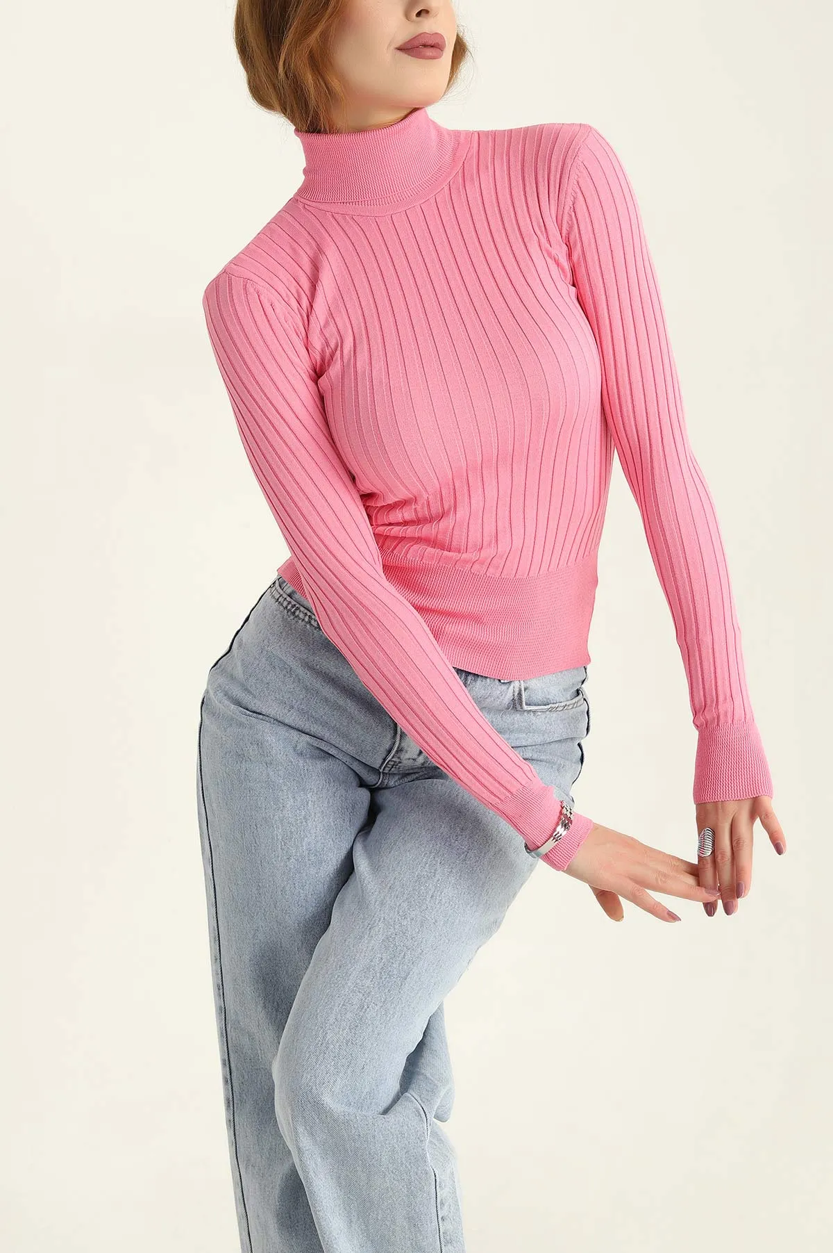 Pembe Fitilli Likralı Triko Kazak 309427