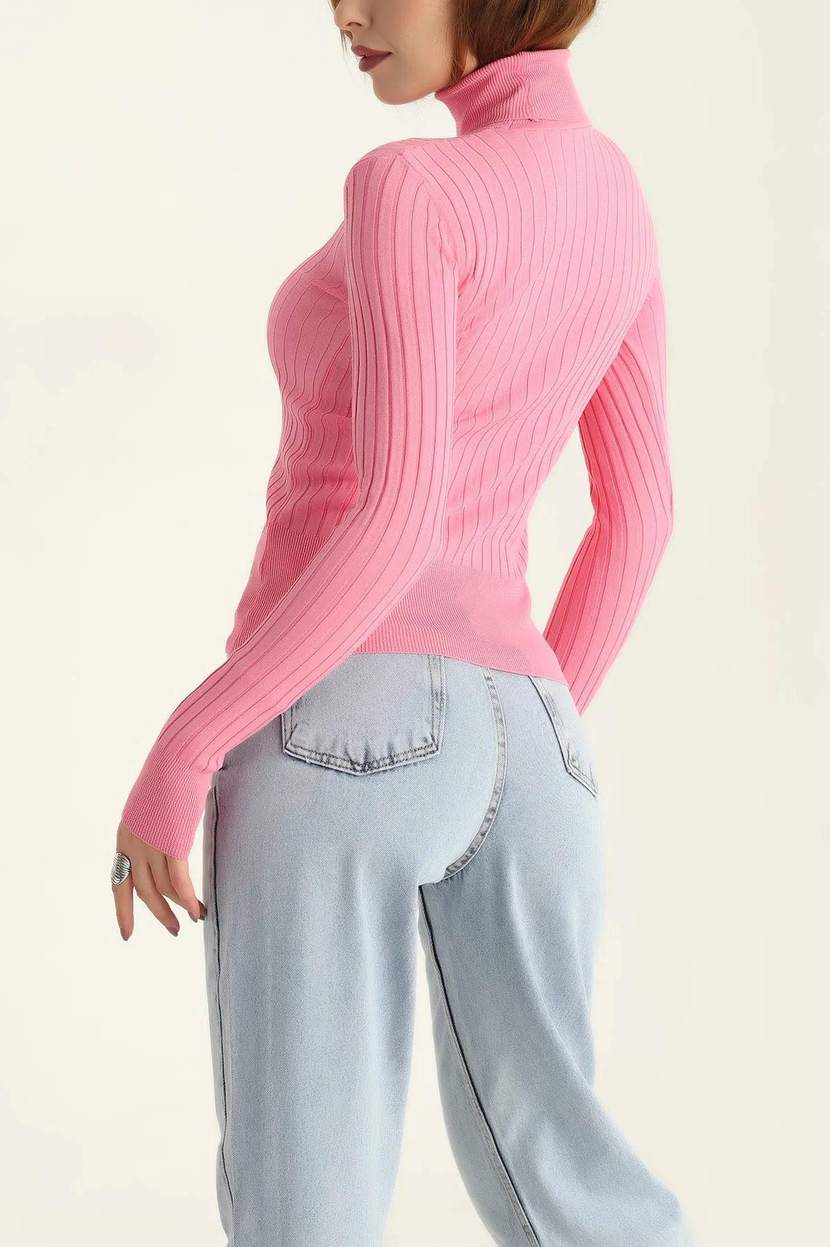 Pembe Fitilli Likralı Triko Kazak 309427