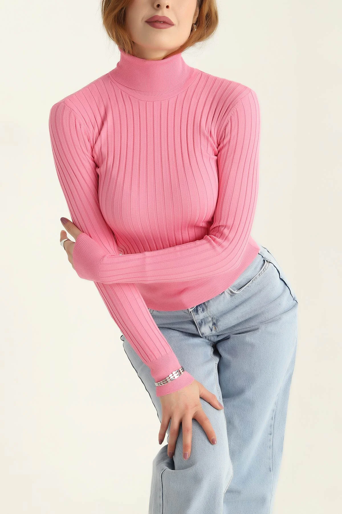 Pembe Fitilli Likralı Triko Kazak 309427