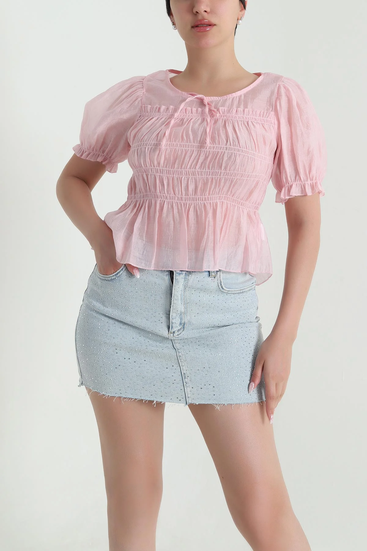 Pembe Balon Kol Tencel Kadın Bluz 463194