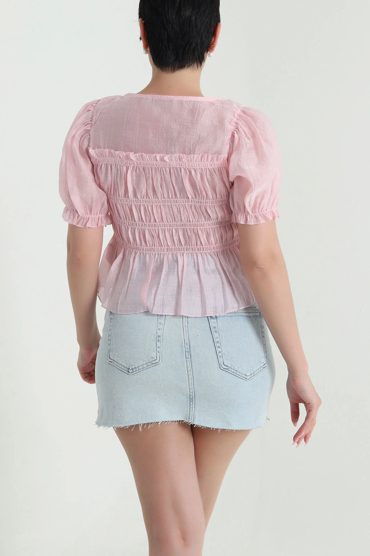Pembe Balon Kol Tencel Kadın Bluz 463194