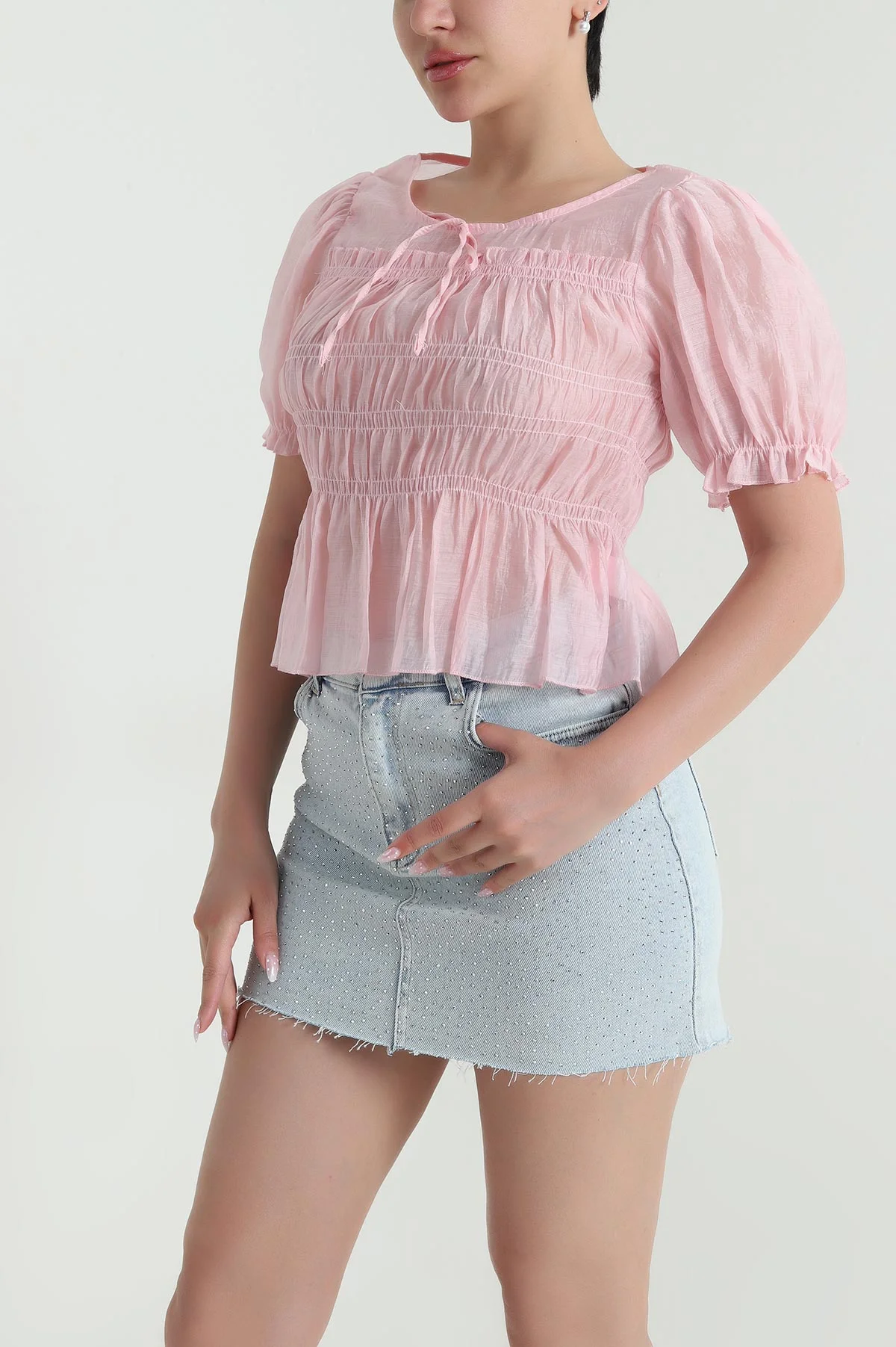 Pembe Balon Kol Tencel Kadın Bluz 463194