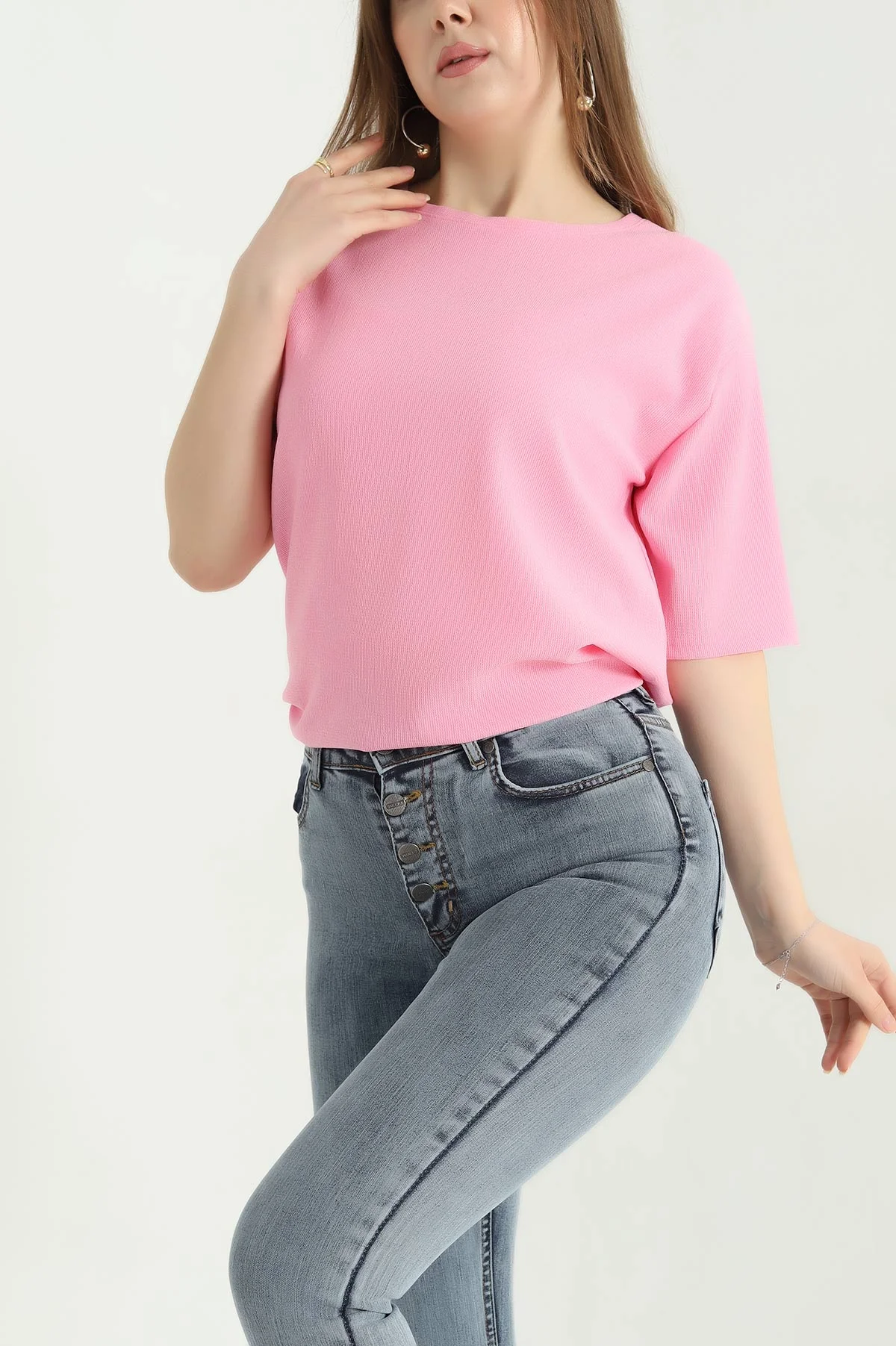 Pembe Basic Dokulu Bayan Tişört 337681