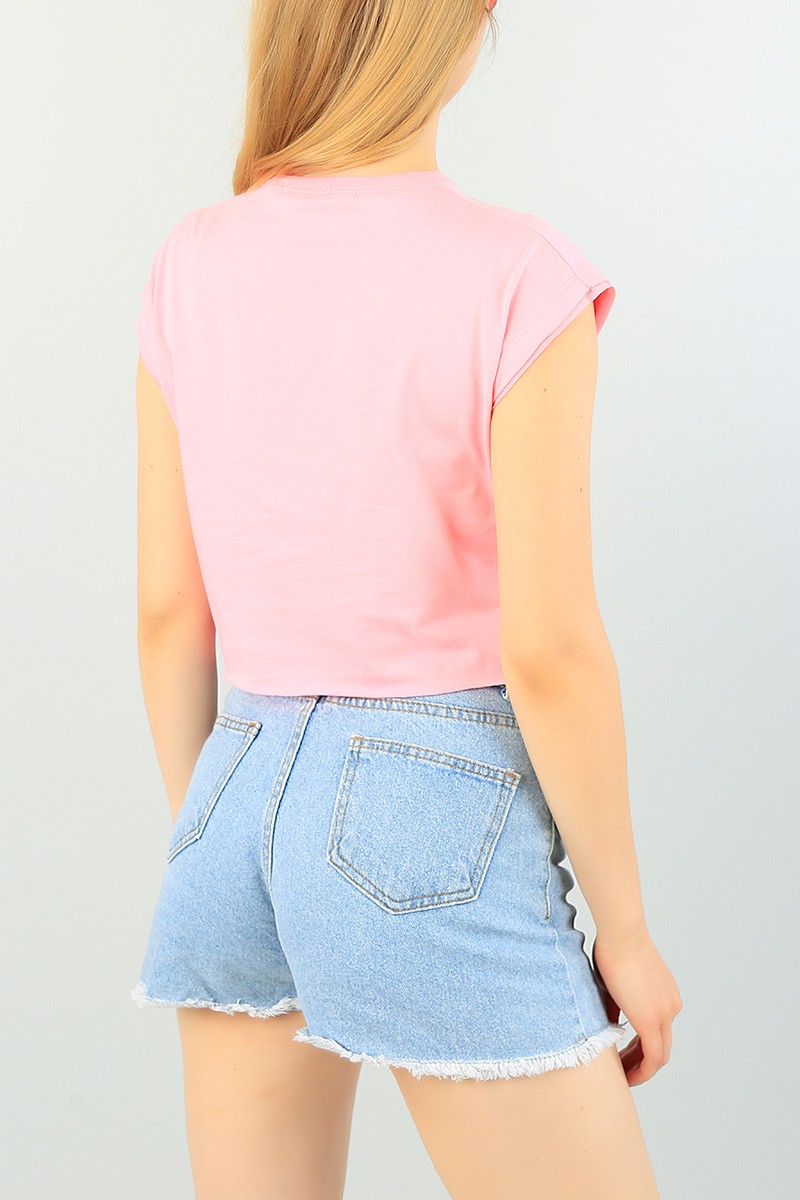 Pembe Baskılı Bayan Kısa Tişört 71470