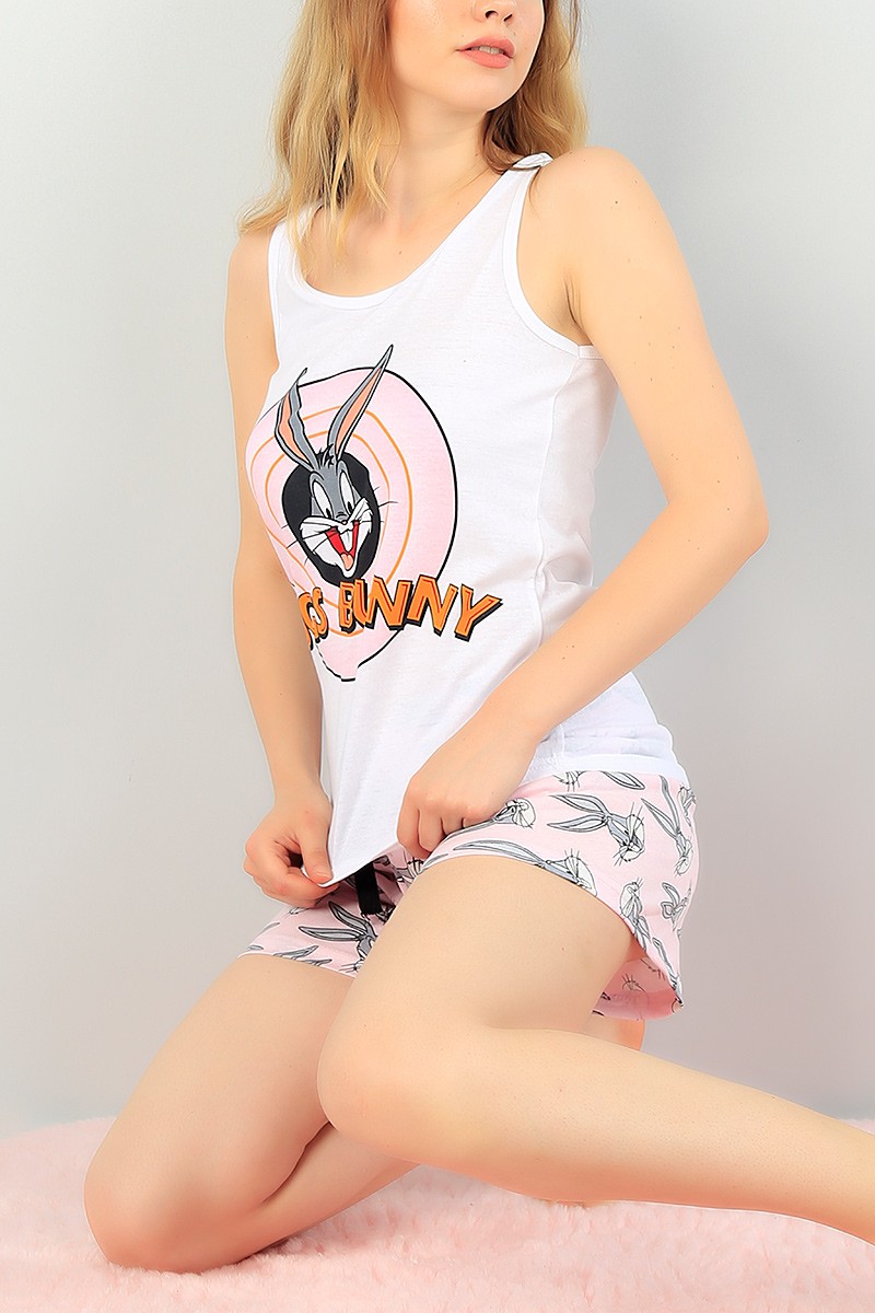 Pembe Baskılı Bayan Şort Atlet Pijama Takımı 68132