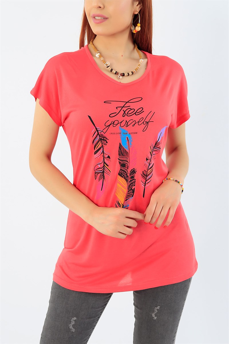 Pembe Baskılı Bayan Tişört 32226