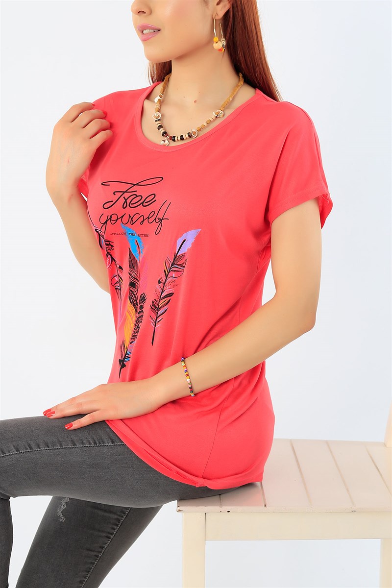 Pembe Baskılı Bayan Tişört 32226