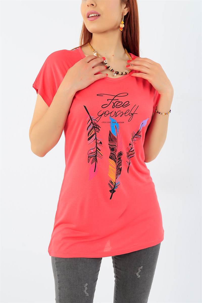 Pembe Baskılı Bayan Tişört 32226