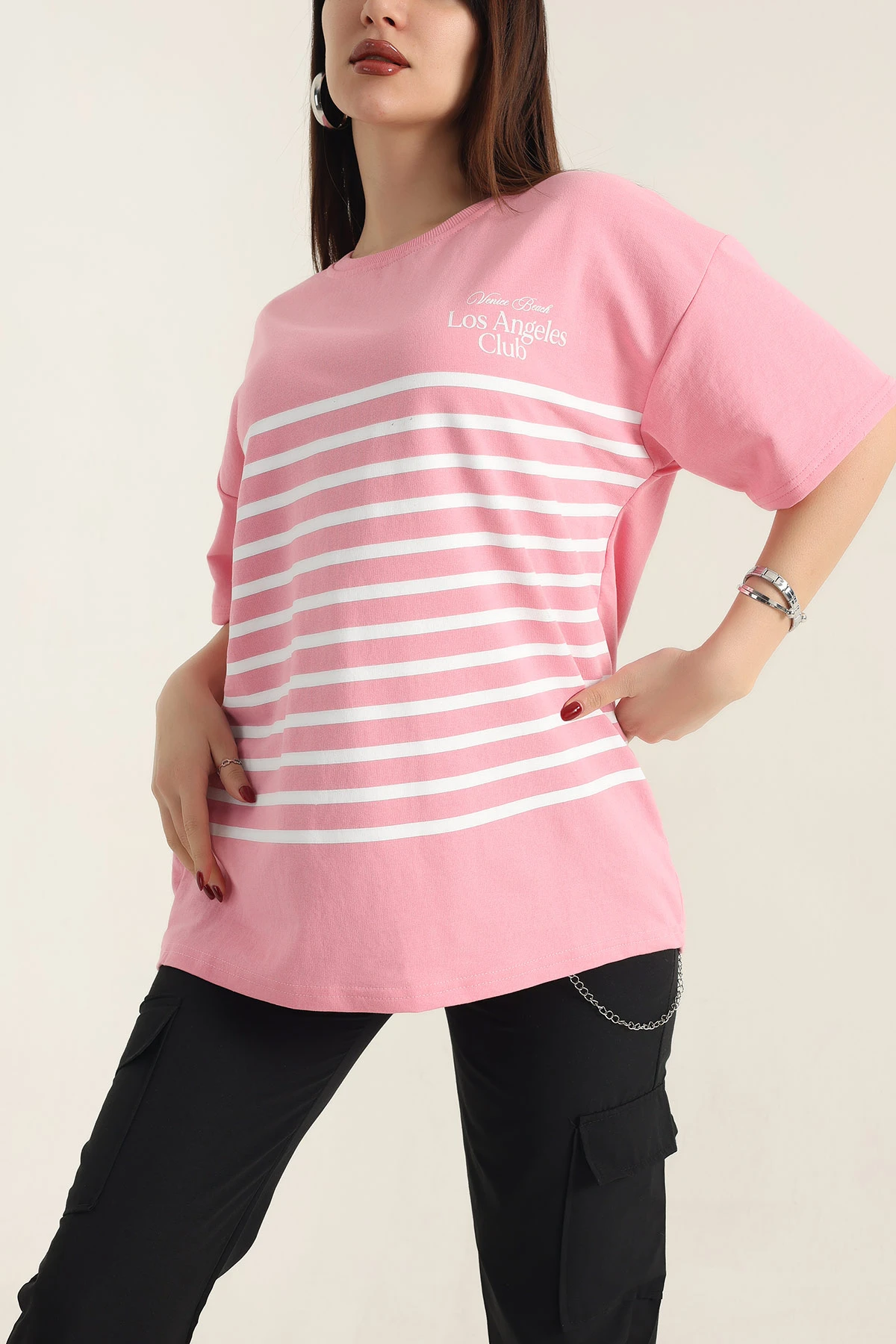 Pembe Baskılı Bisiklet Yaka Oversize Bayan Tişört 337668
