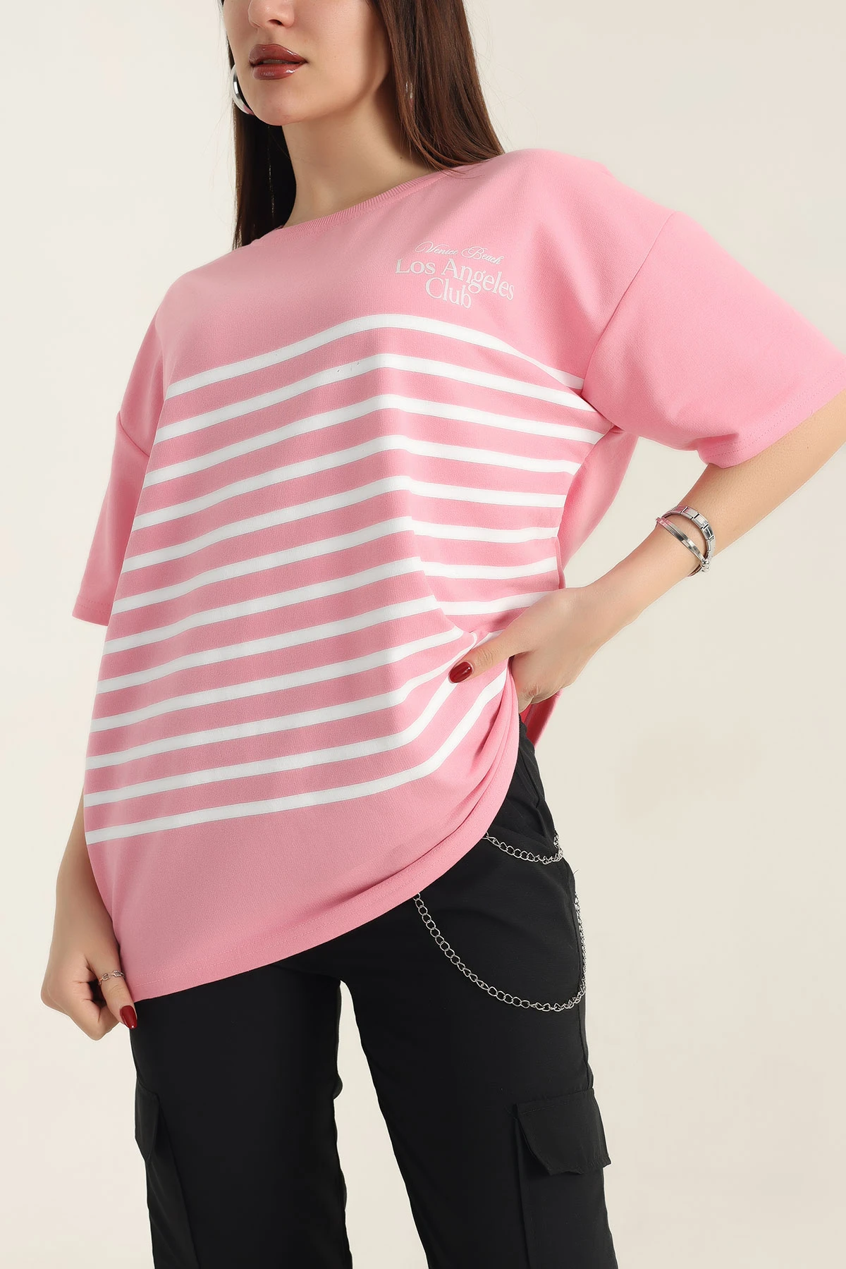 Pembe Baskılı Bisiklet Yaka Oversize Bayan Tişört 337668