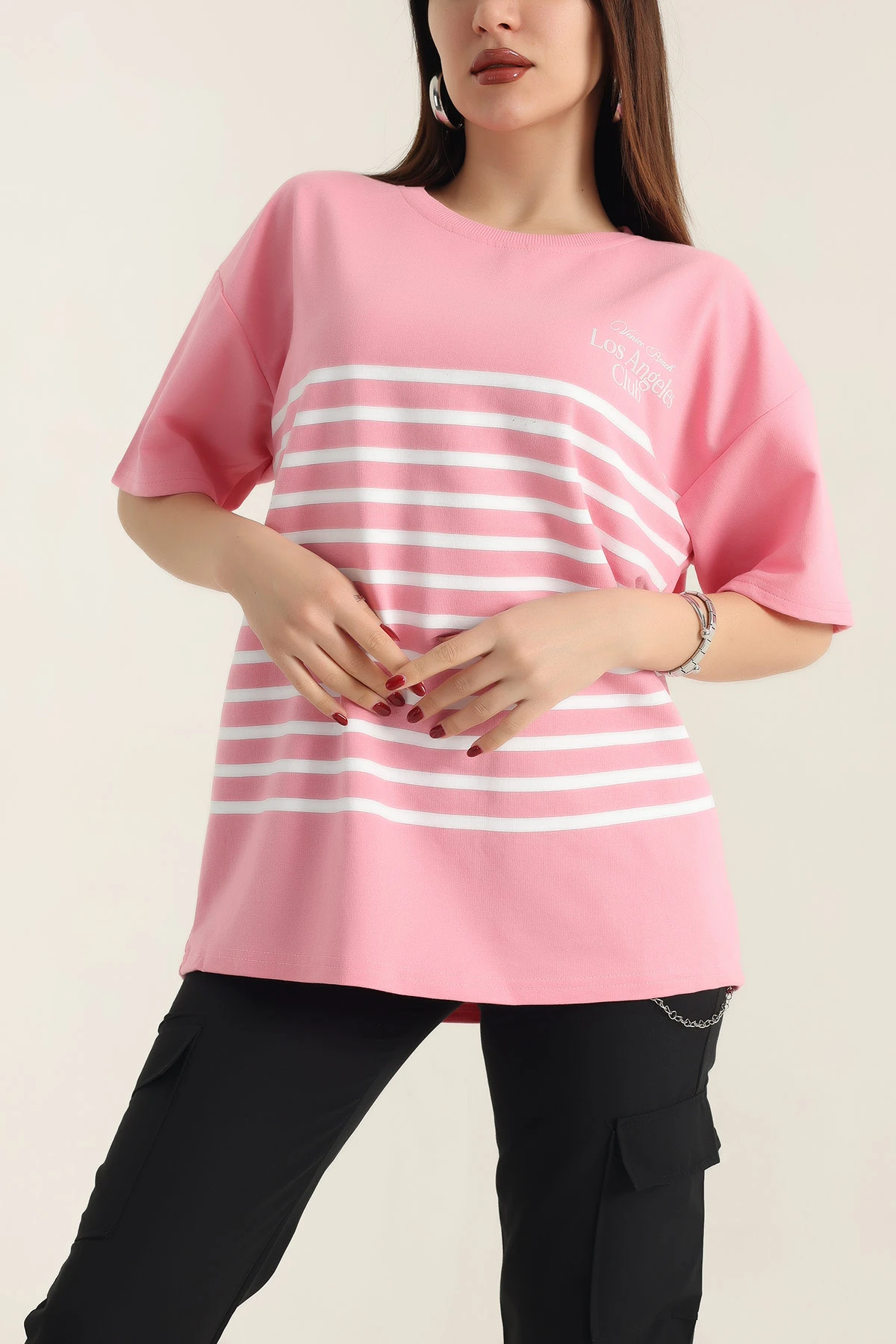 Pembe Baskılı Bisiklet Yaka Oversize Bayan Tişört 337668