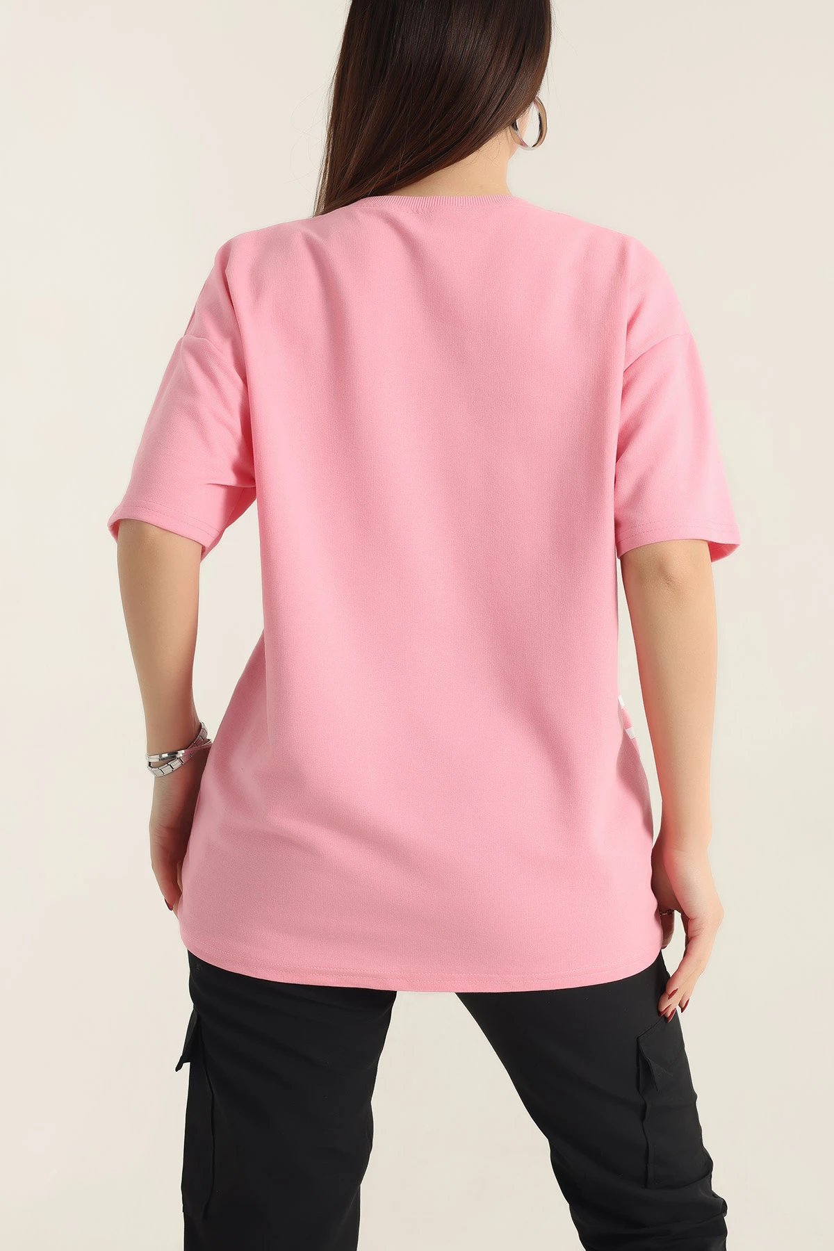 Pembe Baskılı Bisiklet Yaka Oversize Bayan Tişört 337668