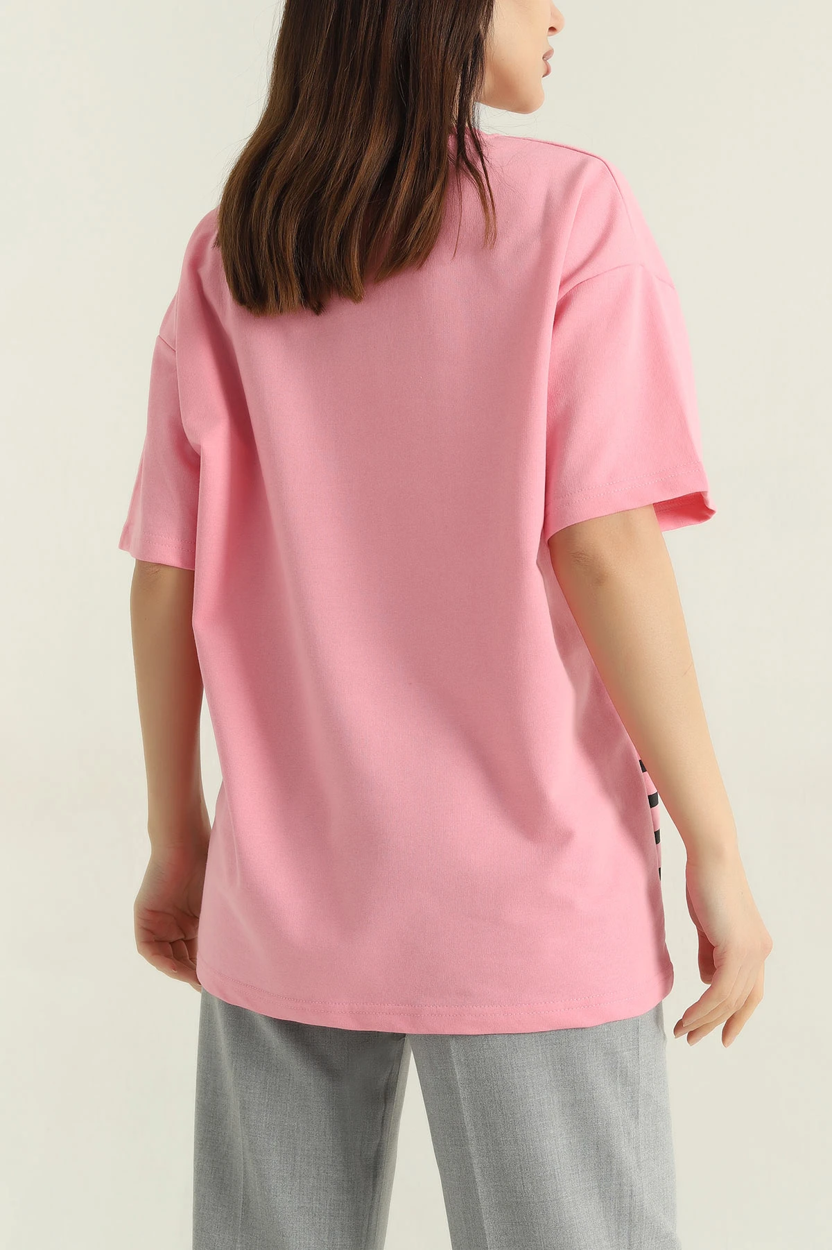 Pembe Baskılı Bisiklet Yaka Oversize Kadın İki İp Tişört 347167