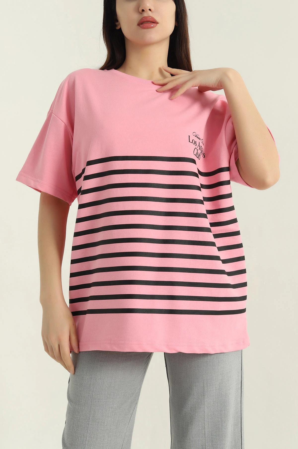 Pembe Baskılı Bisiklet Yaka Oversize Kadın İki İp Tişört 347167