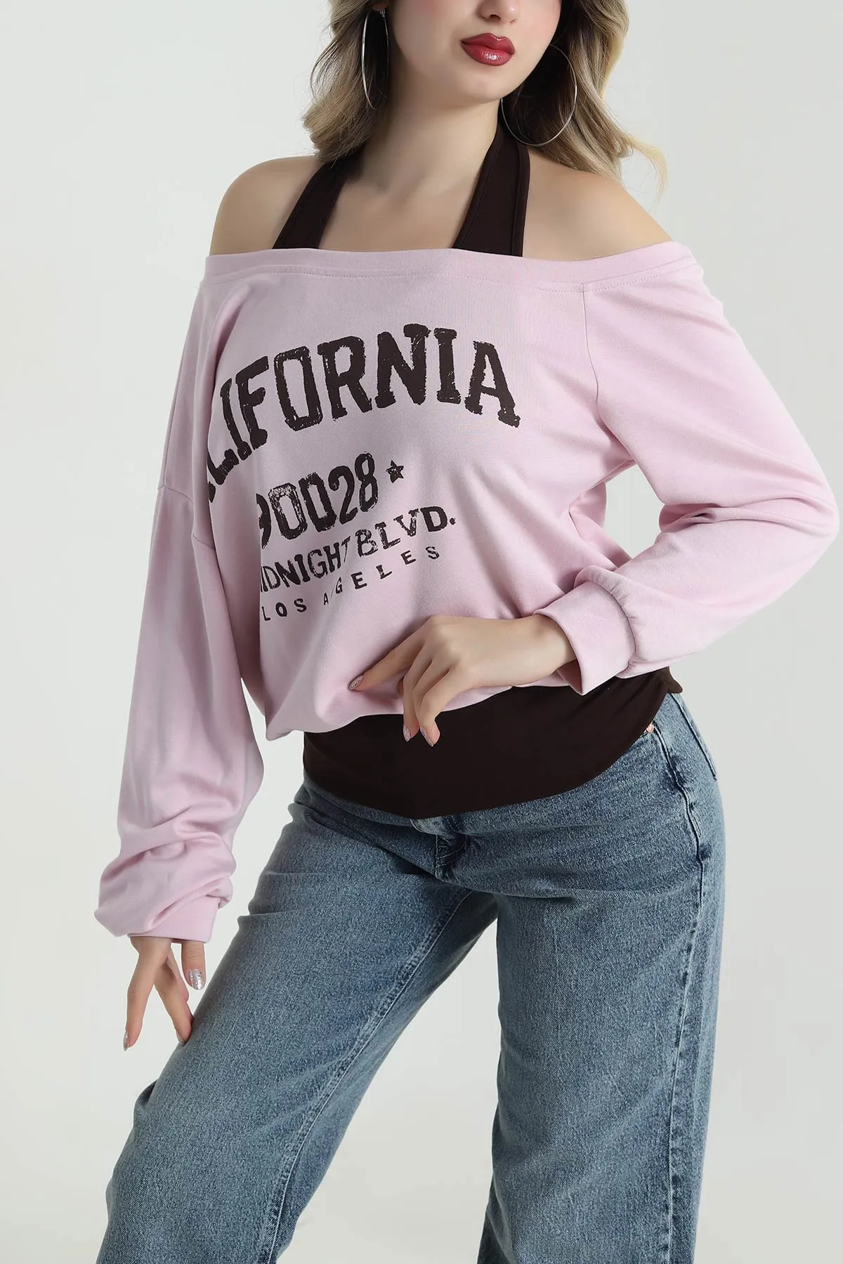 Pembe Baskılı Boyundan Geçmeli Vortex Kadın Bluz 490597