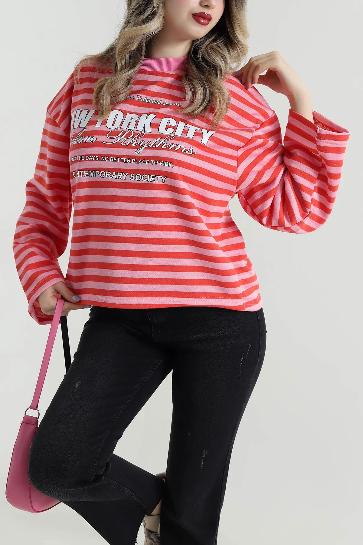 Pembe Baskılı Çizgili Üç İp Kadın Sweat 495932