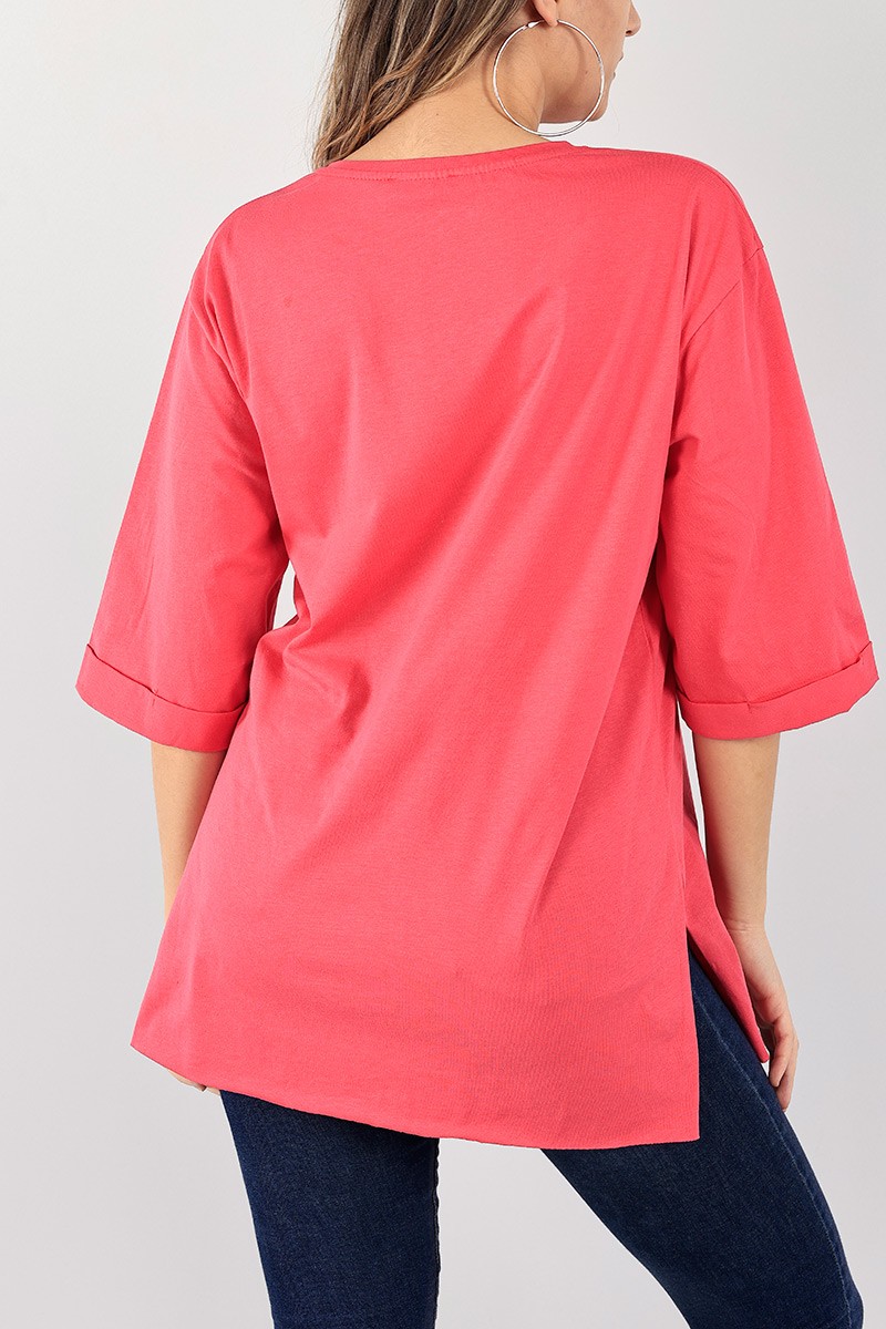 Pembe Baskılı Duble Kol Bayan Tişört 100193