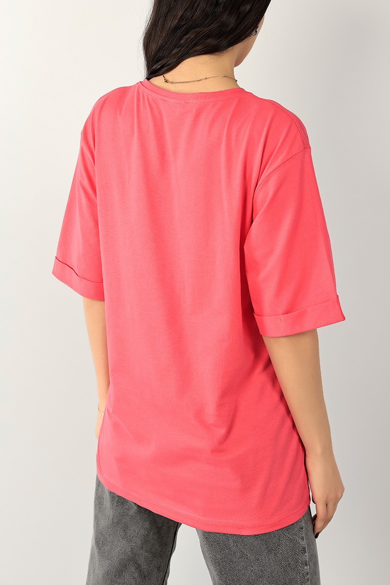Pembe Baskılı Duble Kol Bayan Tişört 100238
