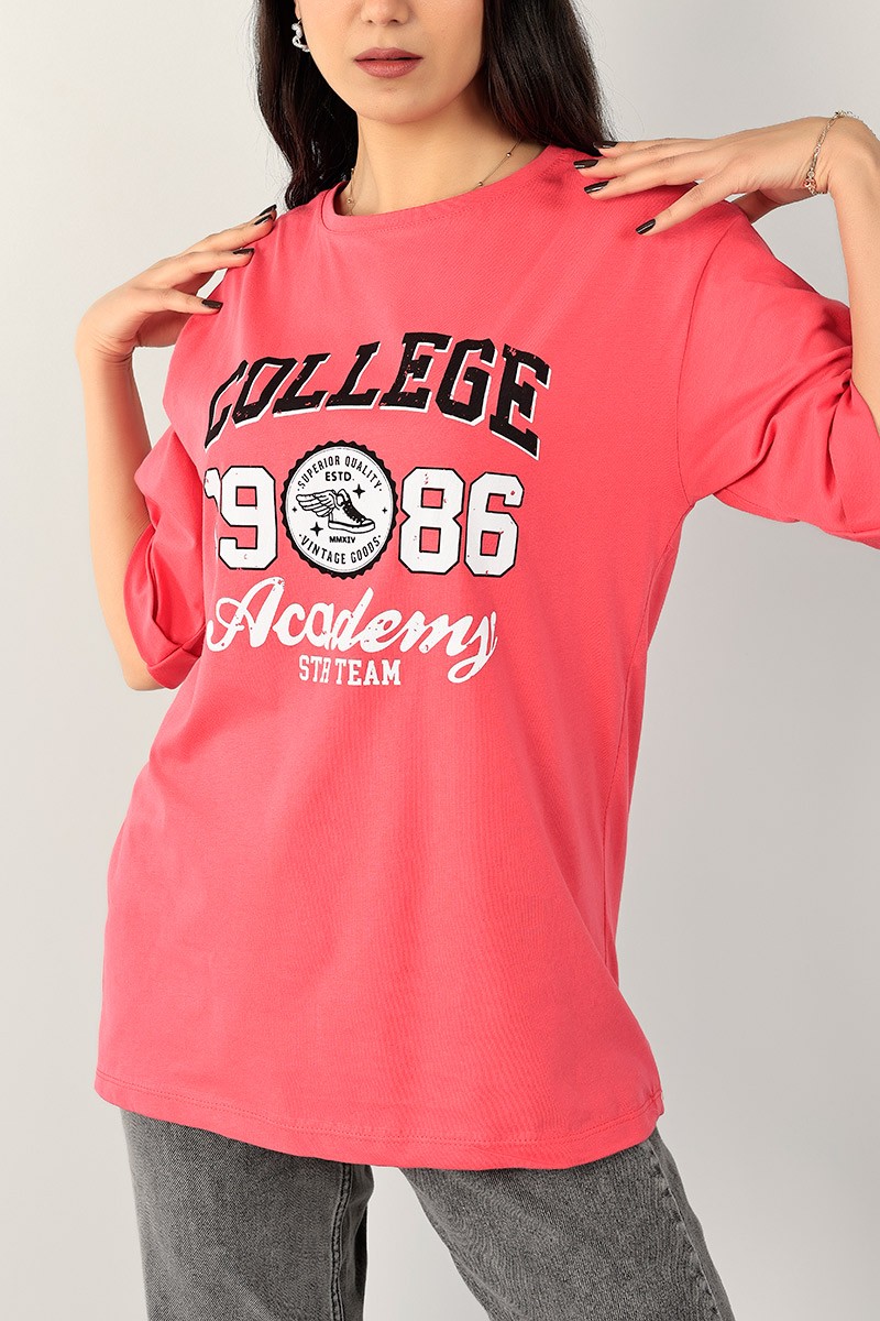 Pembe Baskılı Duble Kol Bayan Tişört 100238