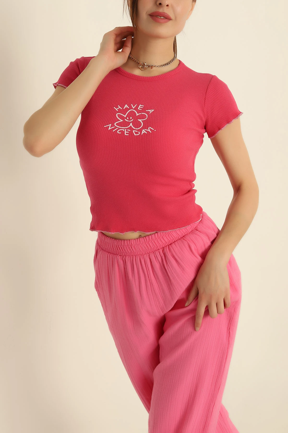 Pembe Baskılı Fitilli Bayan Bluz 279670