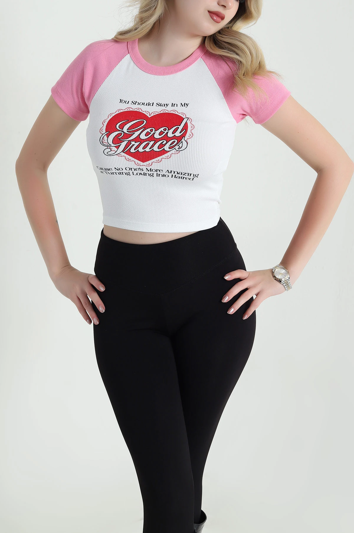 Pembe Baskılı Fitilli Kadın Tişört 460322