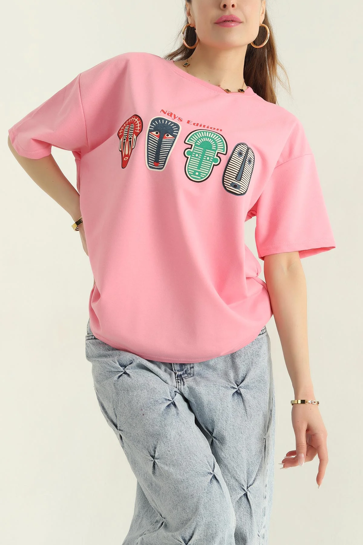 Pembe Baskılı İki İp Kadın Oversize Tişört 356684