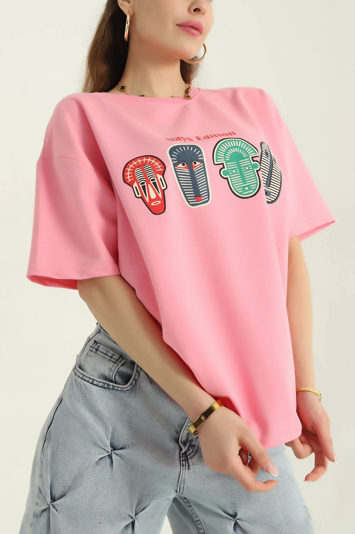 Pembe Baskılı İki İp Kadın Oversize Tişört 356684