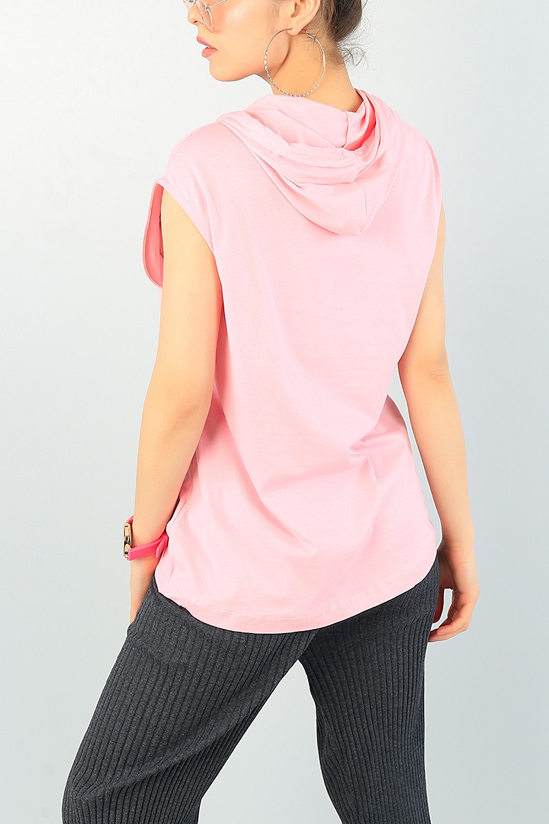 Pembe Baskılı Kapüşonlu Bayan Tişört 63077