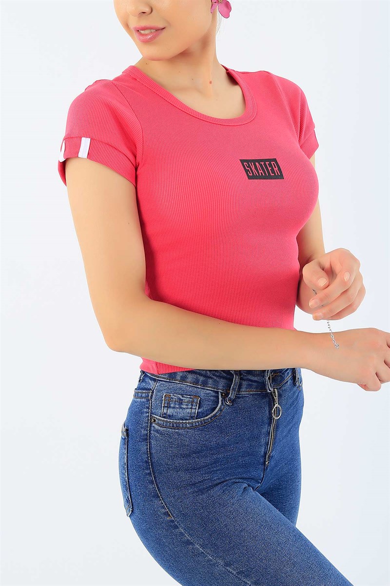 Pembe Baskılı Kaşkorse Crop Tişört 34320
