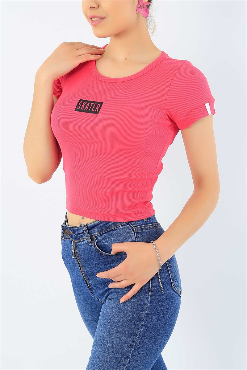 Pembe Baskılı Kaşkorse Crop Tişört 34320