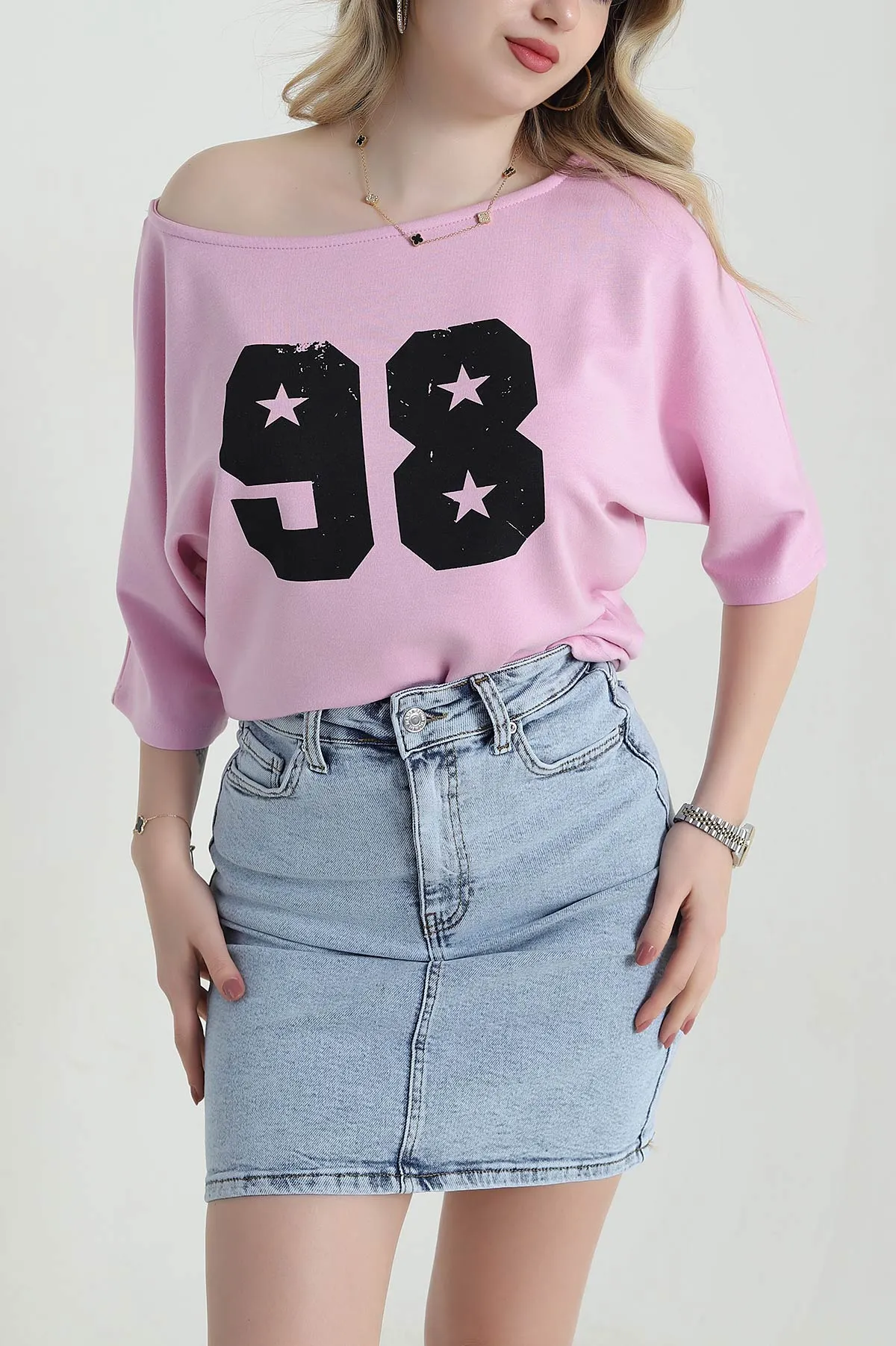 Pembe Baskılı Kayık Yaka Oysho Kadın Tişört 458506