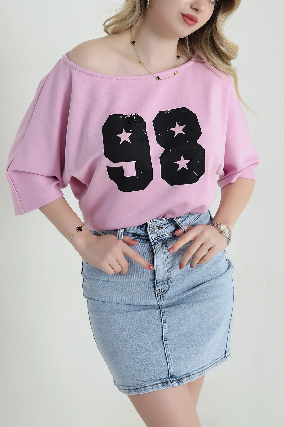 Pembe Baskılı Kayık Yaka Oysho Kadın Tişört 458506