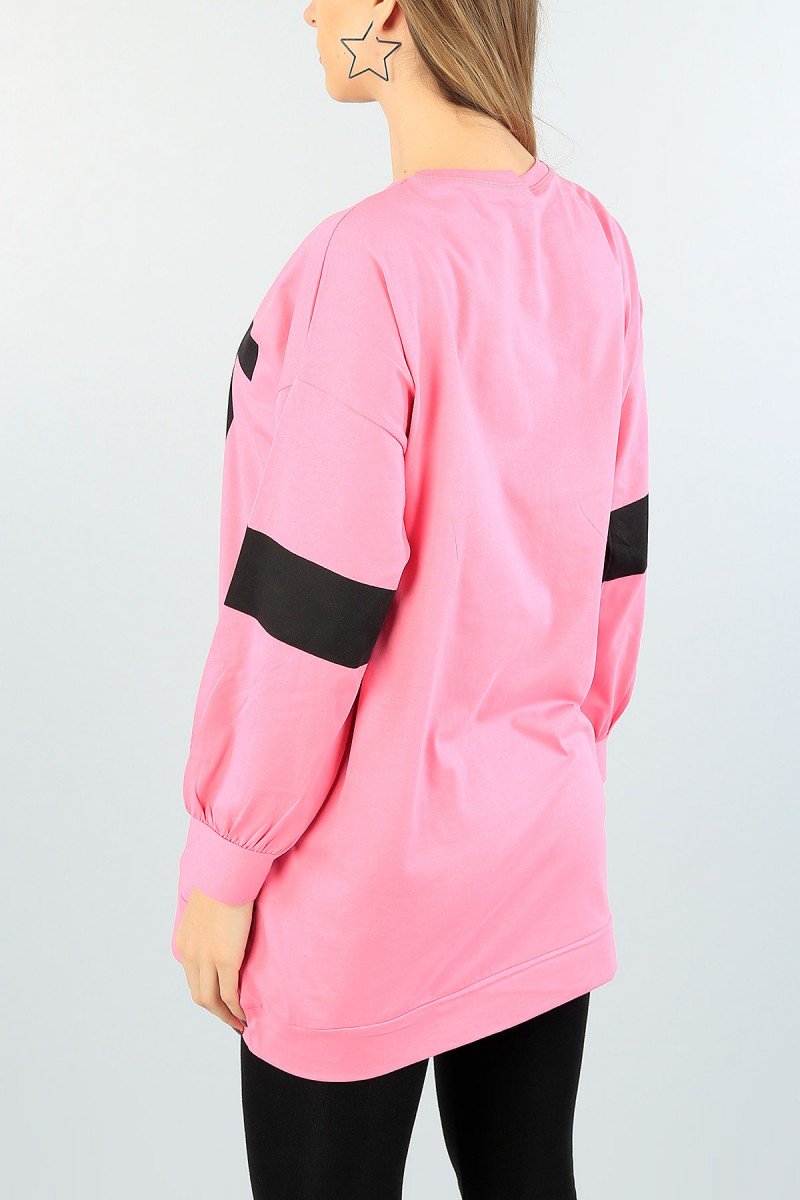 Pembe Baskılı Kol Şeritli Tunik 61019