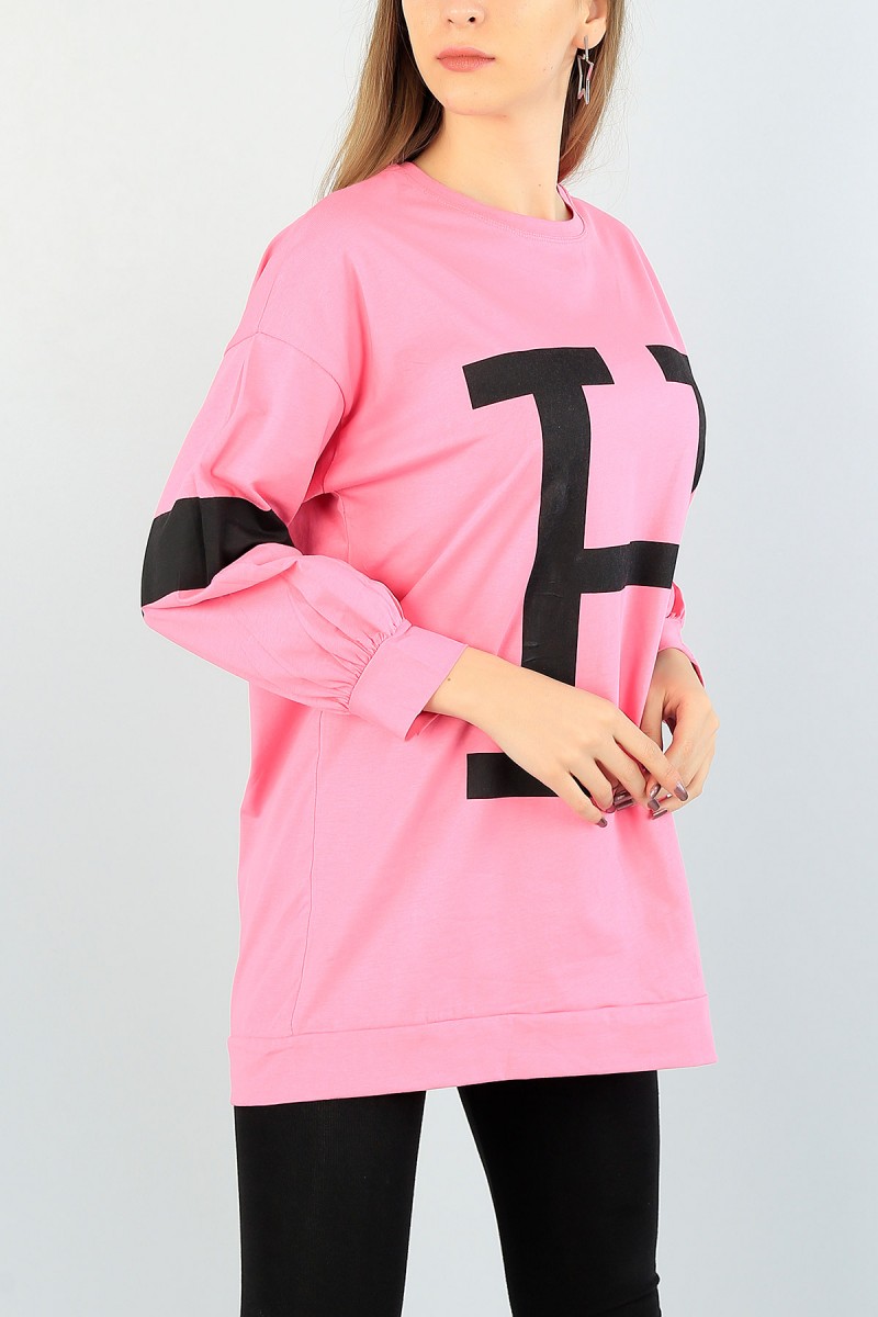 Pembe Baskılı Kol Şeritli Tunik 61019