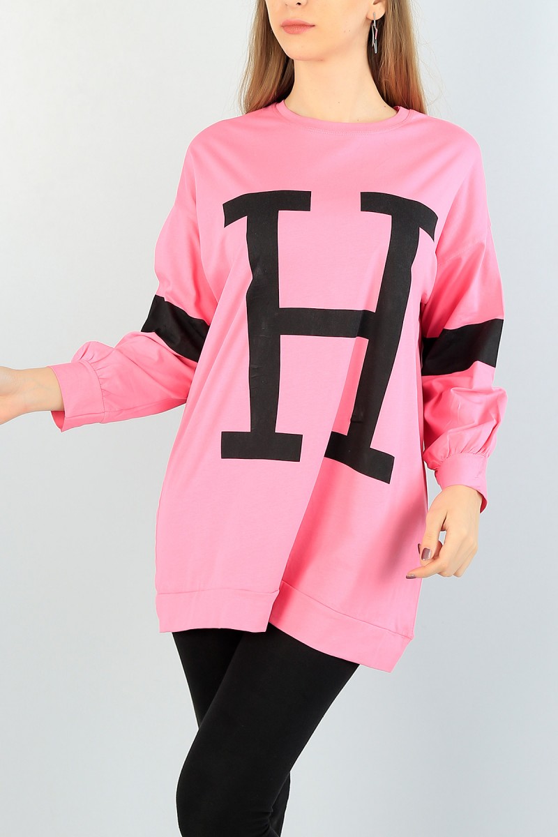 Pembe Baskılı Kol Şeritli Tunik 61019