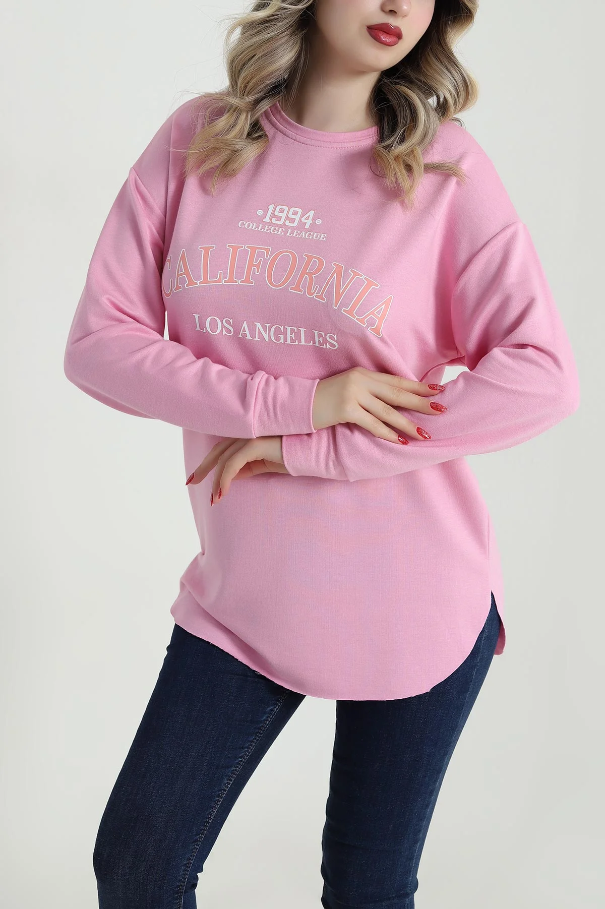 Pembe Baskılı Kristal Kadın Sweat Tunik 485133