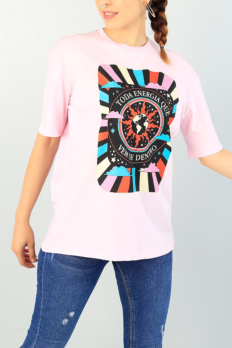 Pembe Baskılı Likralı Bayan Tişört 71731