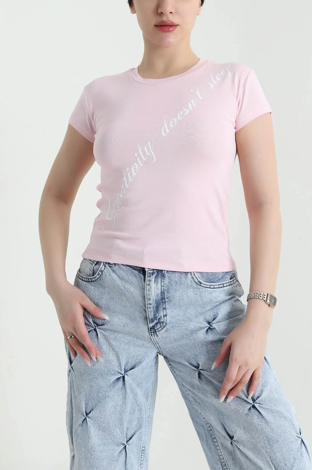 Pembe Baskılı Likralı Kadın Tişört 449668