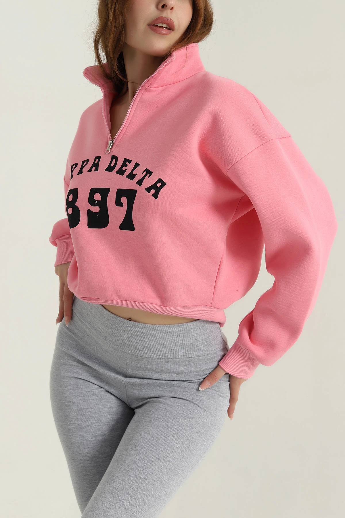 Pembe Baskılı Şardonlu Kadın Fermuarlı Sweat 396480
