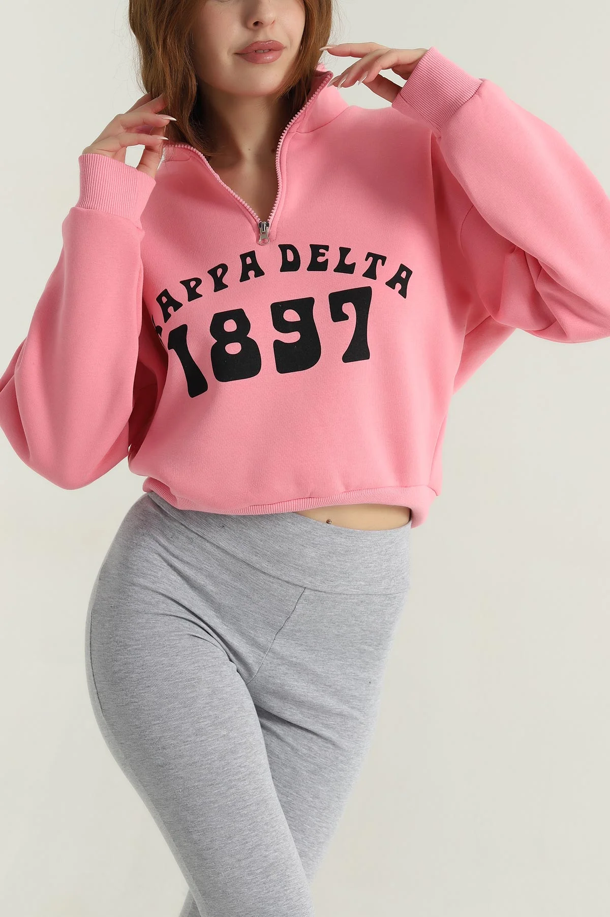 Pembe Baskılı Şardonlu Kadın Fermuarlı Sweat 396480