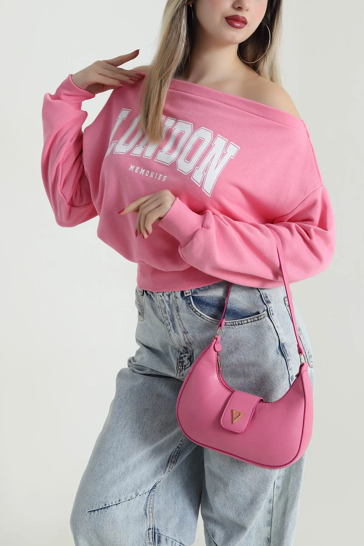 Pembe Baskılı Şardonsuz Üç İp Kadın Fermuarsız Sweat 491693