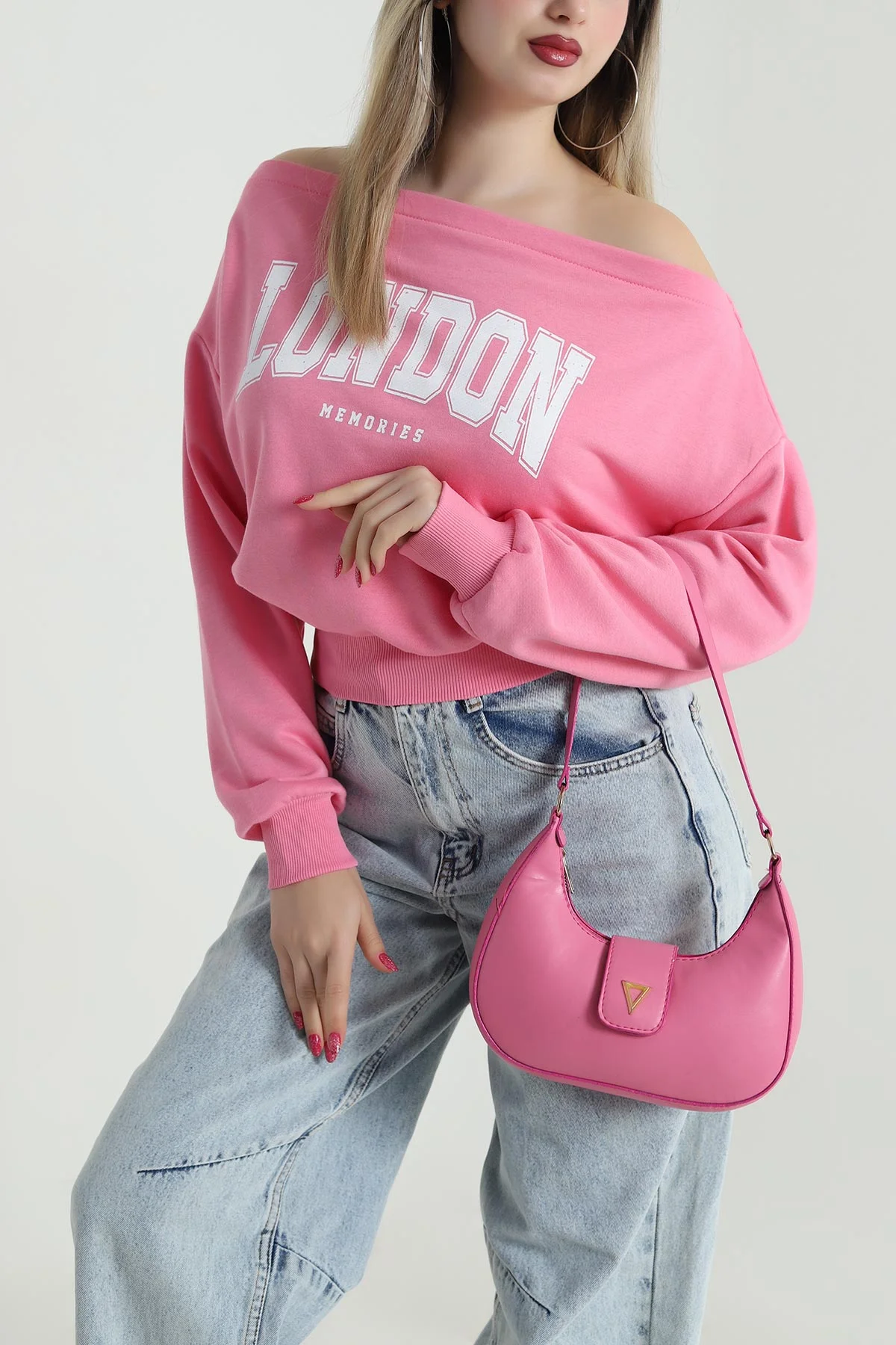 Pembe Baskılı Şardonsuz Üç İp Kadın Fermuarsız Sweat 491693