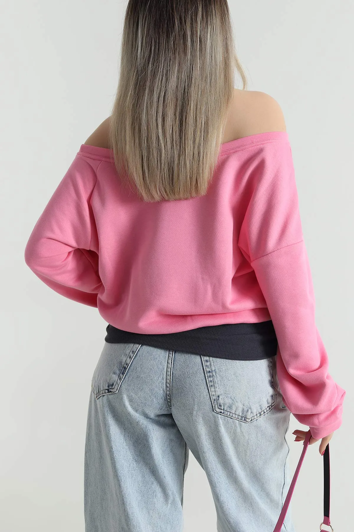 Pembe Baskılı Şardonsuz Üç İp Kadın Fermuarsız Sweat 491704