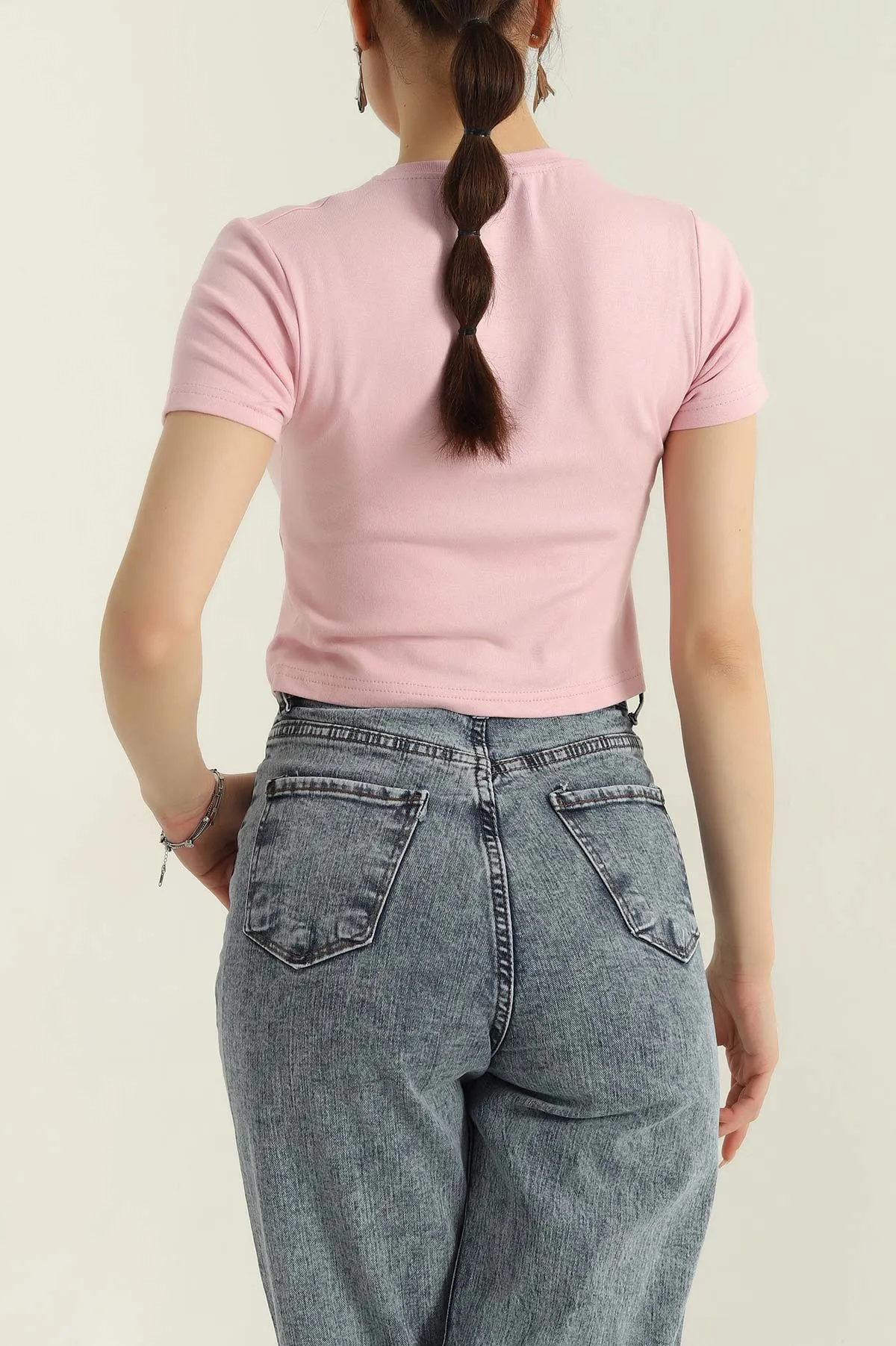 Pembe Baskılı Viskon Kadın Crop Tişört 372688