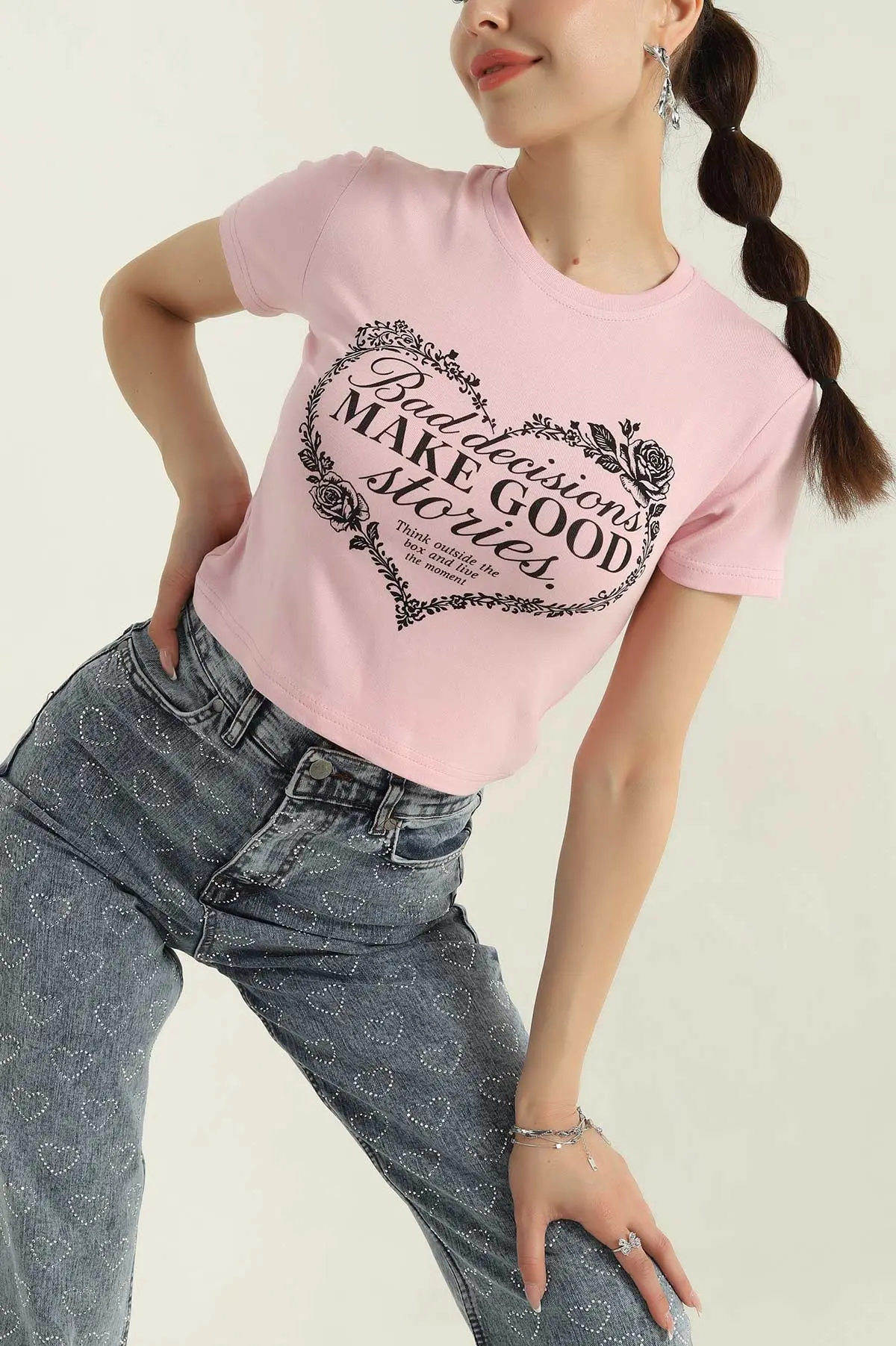 Pembe Baskılı Viskon Kadın Crop Tişört 372688