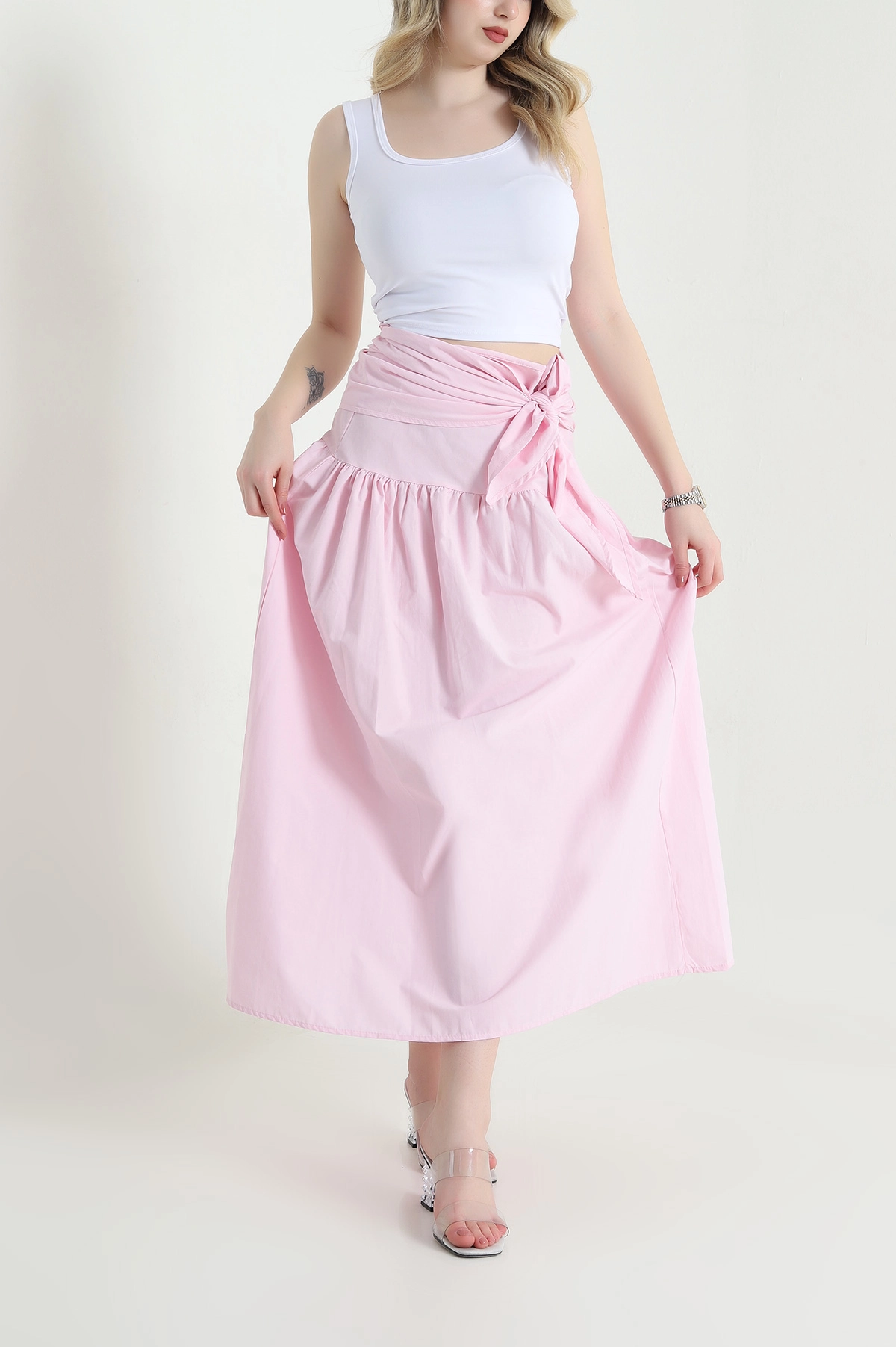 Pembe Bel Bağlamalı Poplin Kadın Etek 456301