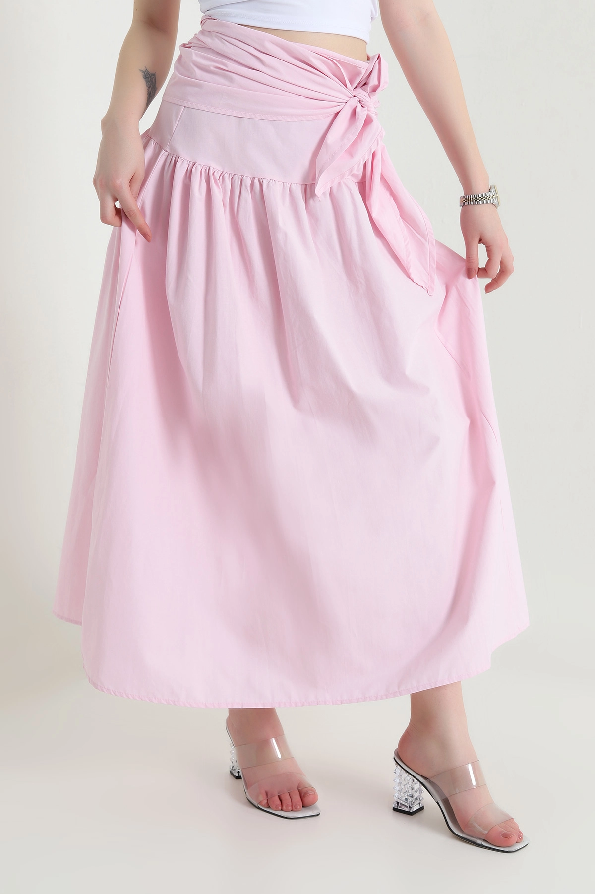 Pembe Bel Bağlamalı Poplin Kadın Etek 456301