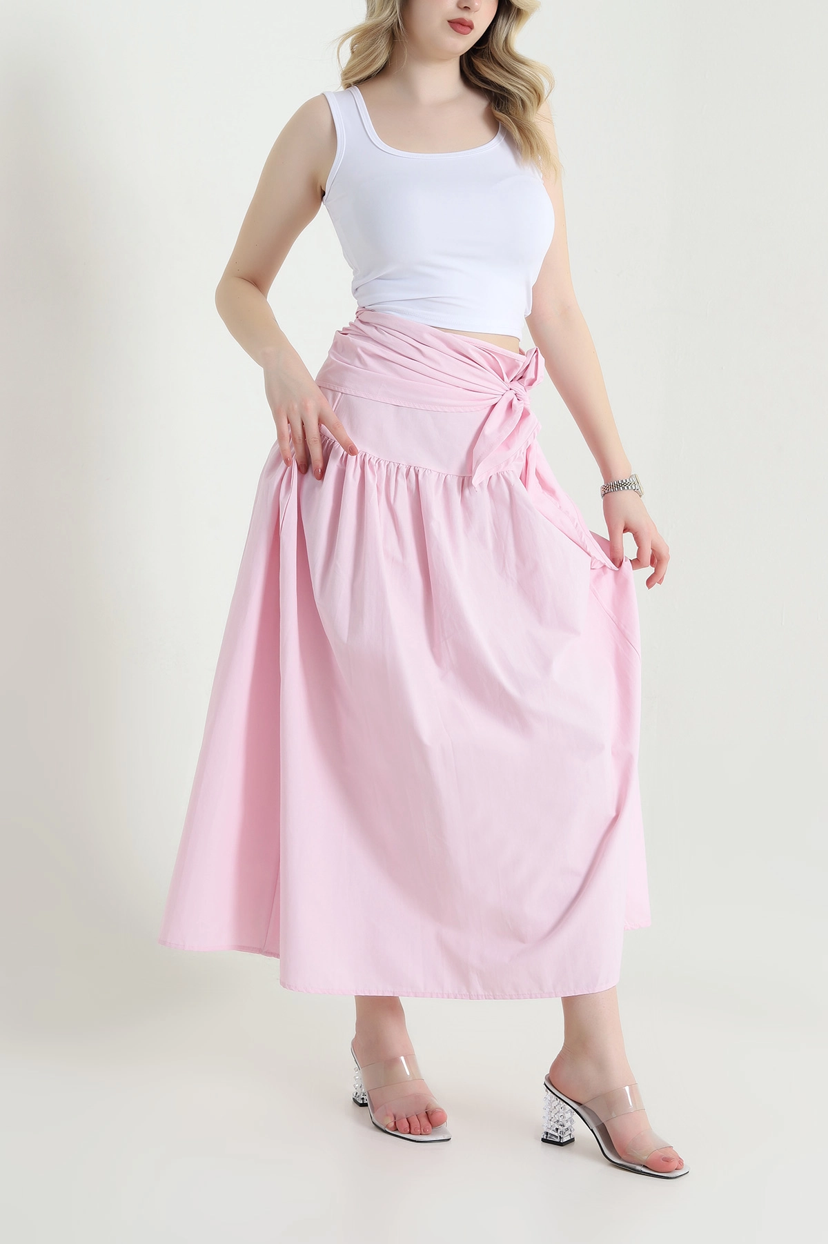 Pembe Bel Bağlamalı Poplin Kadın Etek 456301