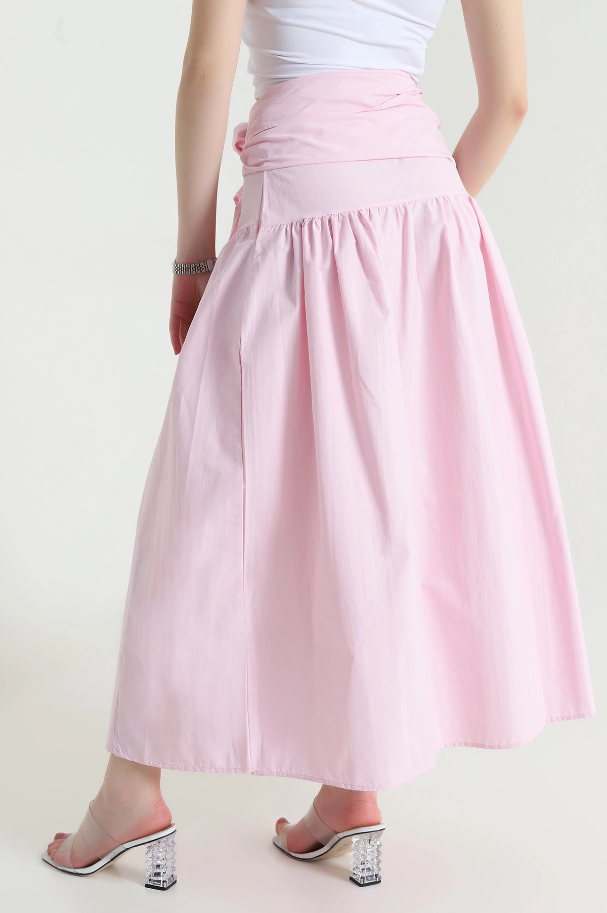 Pembe Bel Bağlamalı Poplin Kadın Etek 456301